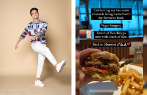 Ranveer Allahbadia (BeerBiceps) celebrating with vegan burgers after a cyber attack on his YouTube channels.