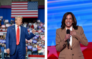 Kamala Harris practicing debate with stage and lighting setup; Donald Trump in informal debate prep session with aides.