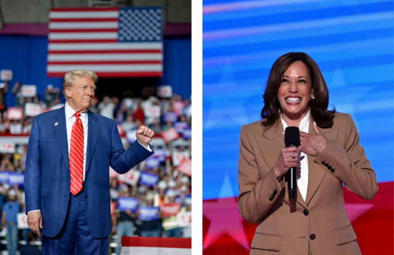 Kamala Harris practicing debate with stage and lighting setup; Donald Trump in informal debate prep session with aides.