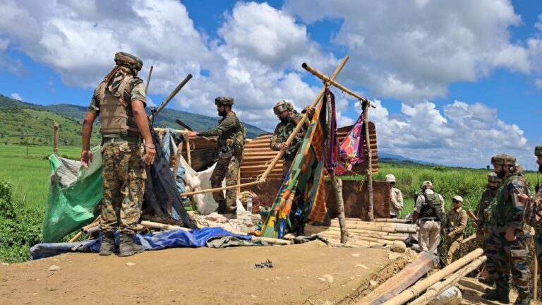 "Scene of ethnic violence in Manipur, showing the aftermath of a gunfire exchange between Kuki and Meitei groups."