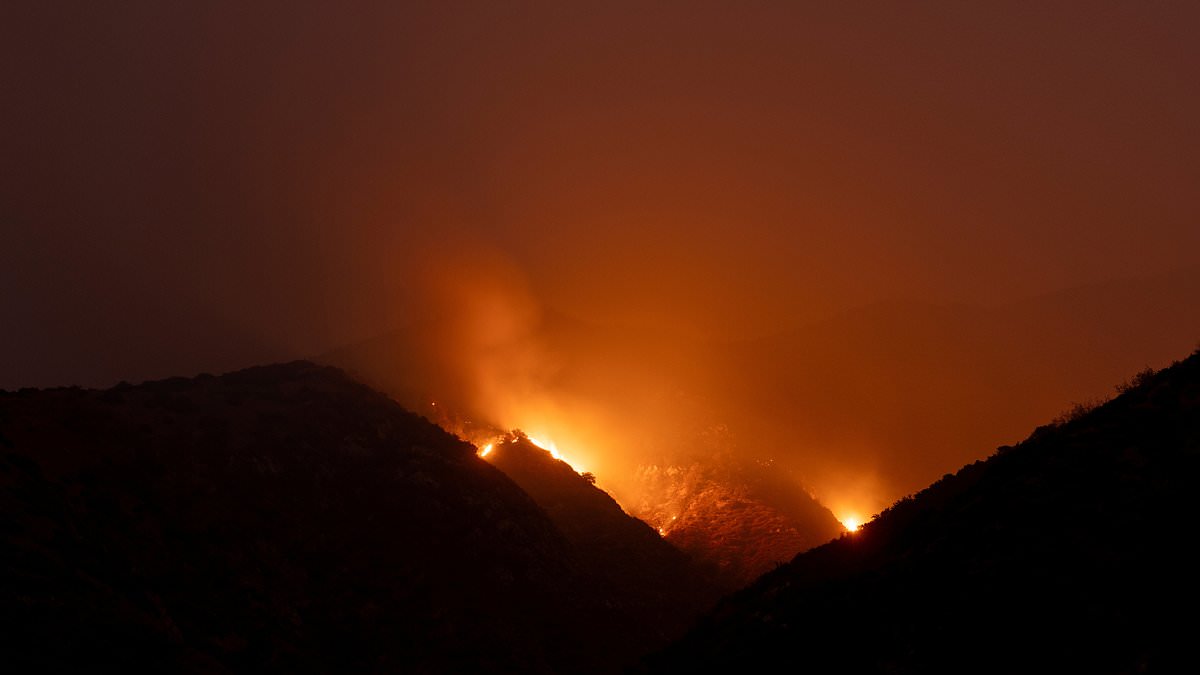 Wildfire burning through forested area in California with smoke and flames visible, under intense heat wave conditions.