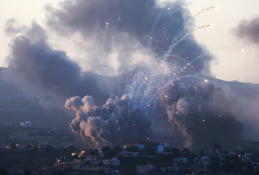 Israeli airstrike in southern Lebanon, smoke rising from targeted areas, civilians affected by conflict