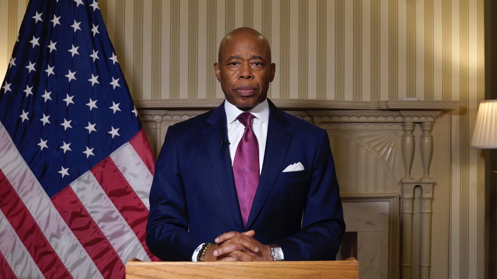 New York City Mayor Eric Adams speaking at a press conference regarding his federal indictment for corruption charges.