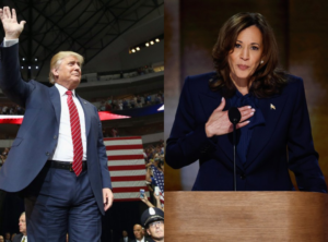 Kamala Harris and Donald Trump campaigning for the 2024 presidential election, with polling data showing Harris leading in some states and Trump leading in others.