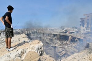 Devastated building in Beirut following Israeli airstrike targeting Hezbollah.